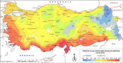 Trkiye Yllk Ortalama Scaklk Haritas