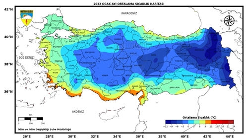 Türkiye 22 Ortalama Ocak Ayı Sıcaklık Haritası