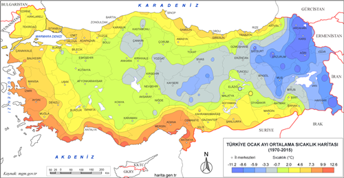 Türkiye Ocak Ayı Ortalama Sıcaklık Haritası
