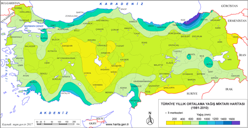Türkiye Yıllık Ortalama Yağış Miktarı Dağılış Haritası