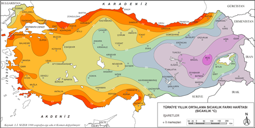 Türkiye Yıllık Sıcaklık Farkları Haritası