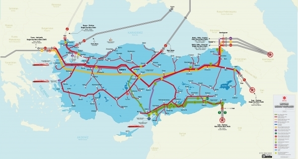 Türkiye Doğal Gaz ve Petrol Boru Hatları Haritası