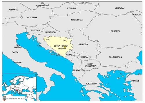 Bosna Hersek dnyadaki konumu ve snr komular haritas