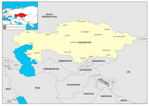 Kazakistan dnyadaki konumu ve snr komular haritas