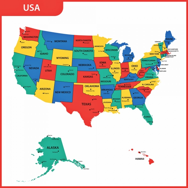 Amerika Birleşik Devletleri bölgelerin ve şehirlerin haritası