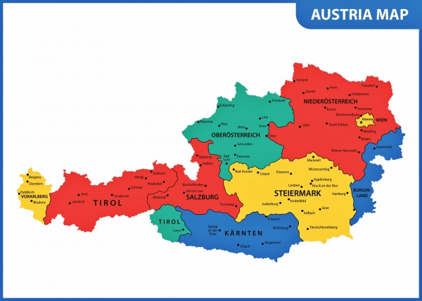 Avusturya bölgelerin ve şehirlerin haritası