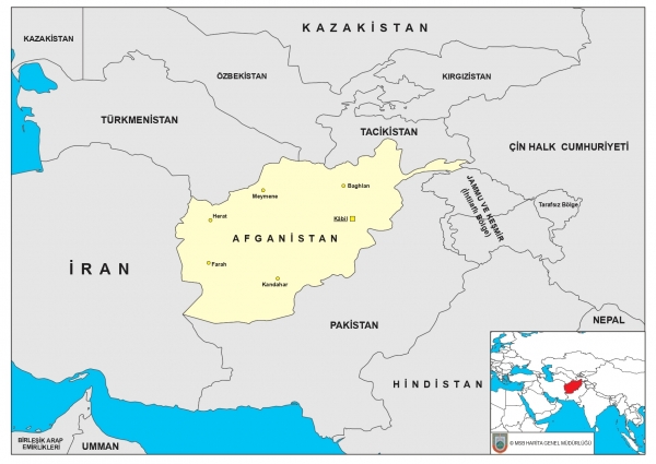 Afganistan dünyadaki konumu ve sınır komşuları haritası