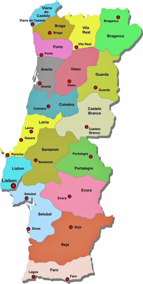 Portekiz bölgelerin ve şehirlerin haritası